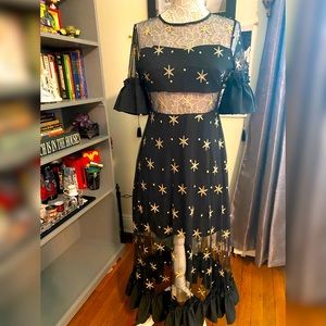 NWT Haute Rogue Black Maxi Dress with Gold Stitched Stars
